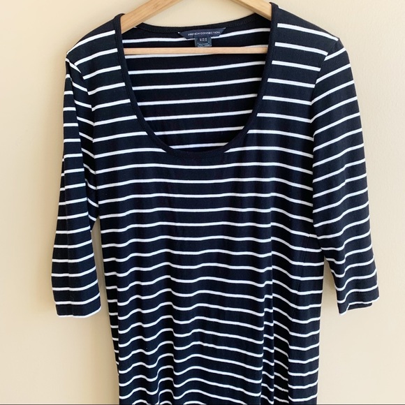 FRENCH CONNECTION black stripe jersey dress scoop neckline 3/4 sleeve RELISTED - Picture 3 of 9